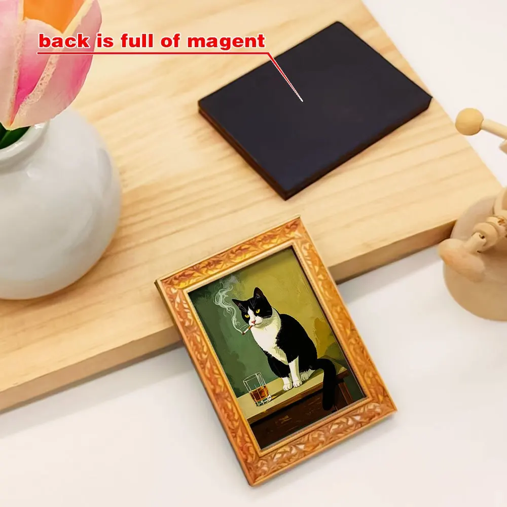 Vintage Tuxedo Cat Fridge Magnet, Smoking & Drinking Cat Art, Framed Magnetic Decor for Kitchen Refrigerator & Home