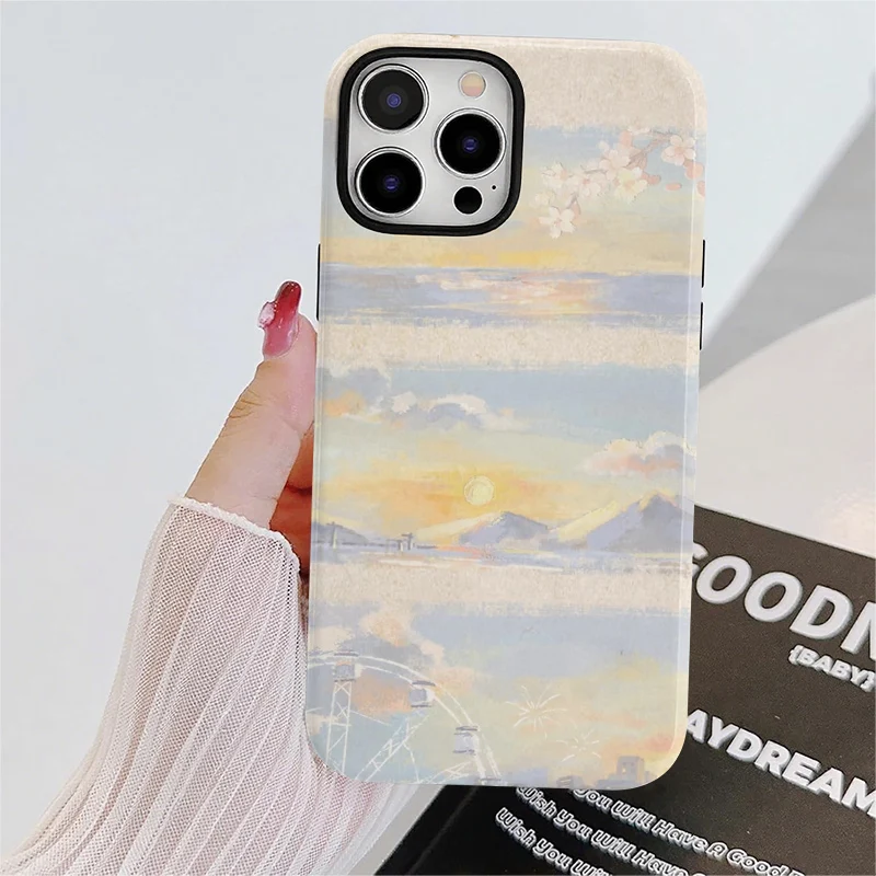 Sunset Landscape Scenic Triptych Pastel Illustration Watercolor Texture Dual-Layer Hybrid Phone Case for iPhone 12-17 Series view 6
