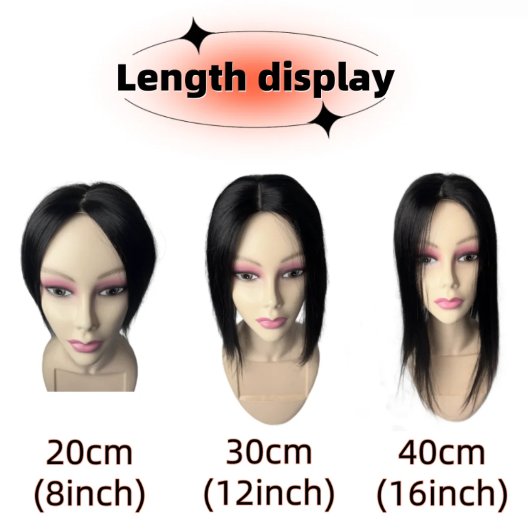 Seidenbasis-Topper für Frauen, 25,4–40,6 cm, Echthaar-Clip-in-Haarverlängerungen, gerade, natürliches Schwarz, realistisches Kopfhaut-Haarteil