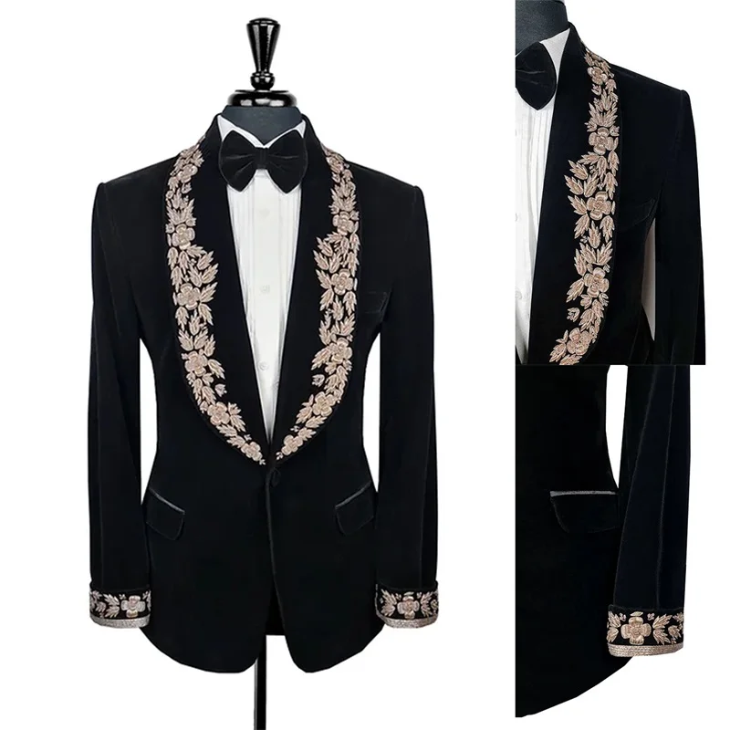 1 Pcs กำมะหยี่ผู้ชาย Blazer ทอง Appliqued สีดำ Party เสื้อ Tuxedo ที่ปรับแต่งกว้าง Lapel อย่างเป็นทางการ Мужской Костюм