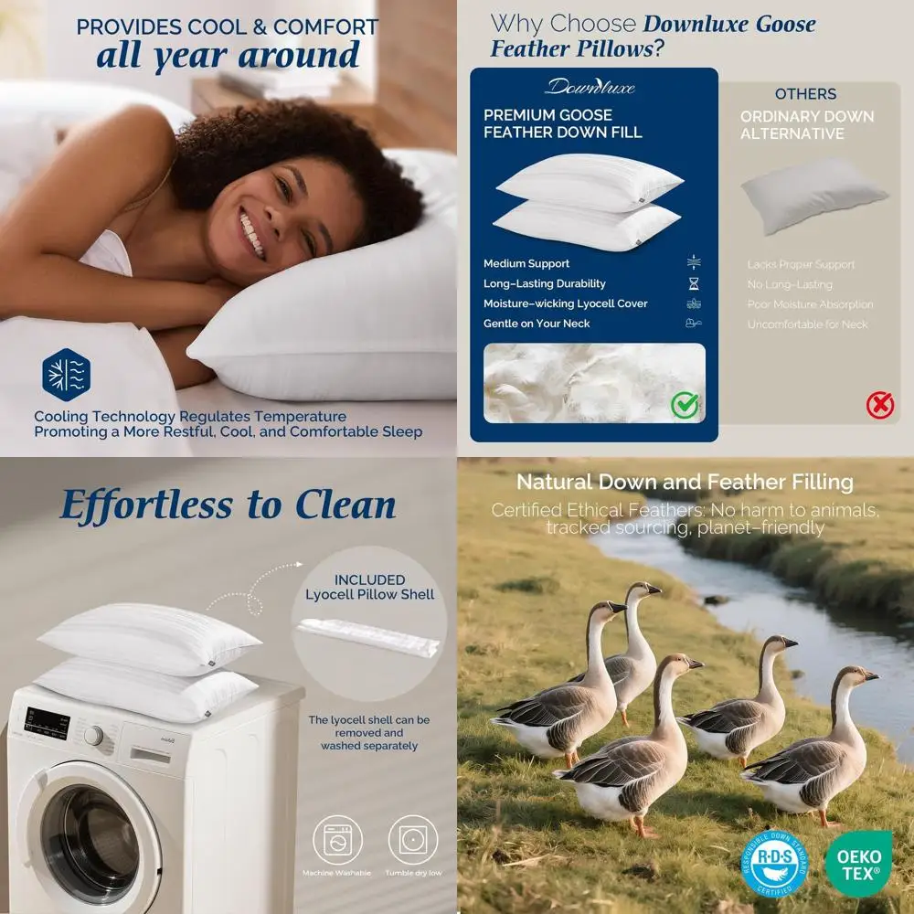 

King Size Goose Down Pillows for Comfortable Sleep, Set of 2, Ideal for Back, Stomach, and Side Sleepers