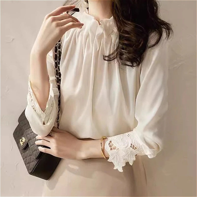 

Women Blouses Solid Shirt Ruffle Trim Long Sleeves Stand Collar Slight Strech Slim Fit Elegant Office Lady Casual 2026 Spring