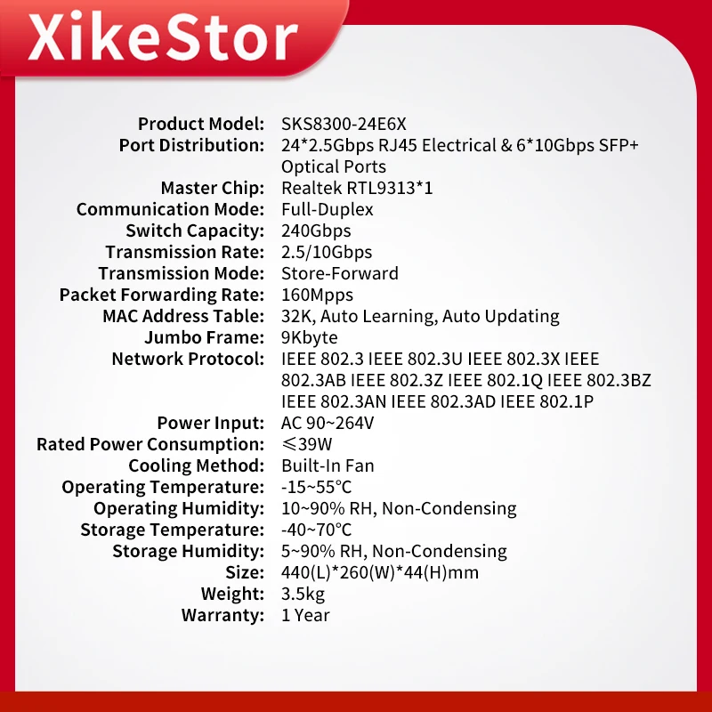 XikeStor 30 Port 10G L3 Managed Fan Switch 24 2.5G RJ45 & 6 10G SFP+ Ports QoS Port Aggregation VLAN Division WEB/CLI Management