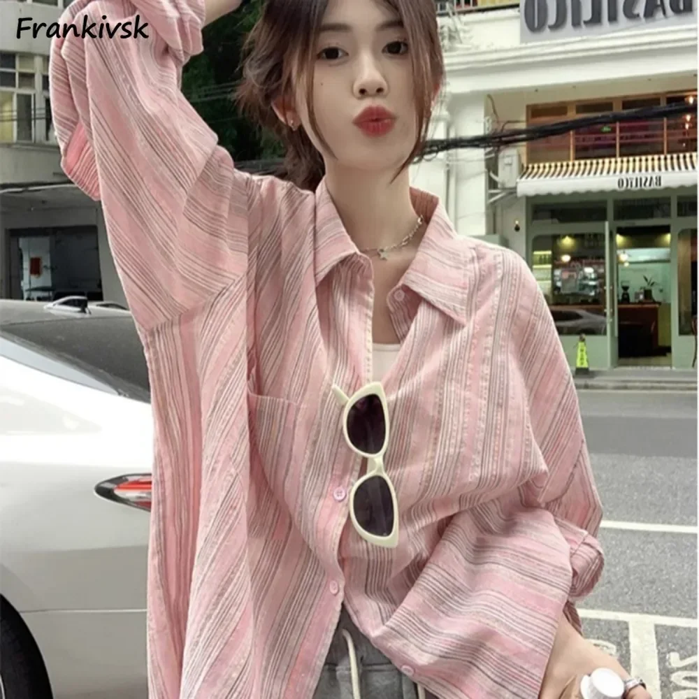 Women Shirts Striped Thin Slouchy Popular Long Sleeve Sun-proof Outfit Fashion Young Hipster Loose Korean Style Tender Casual