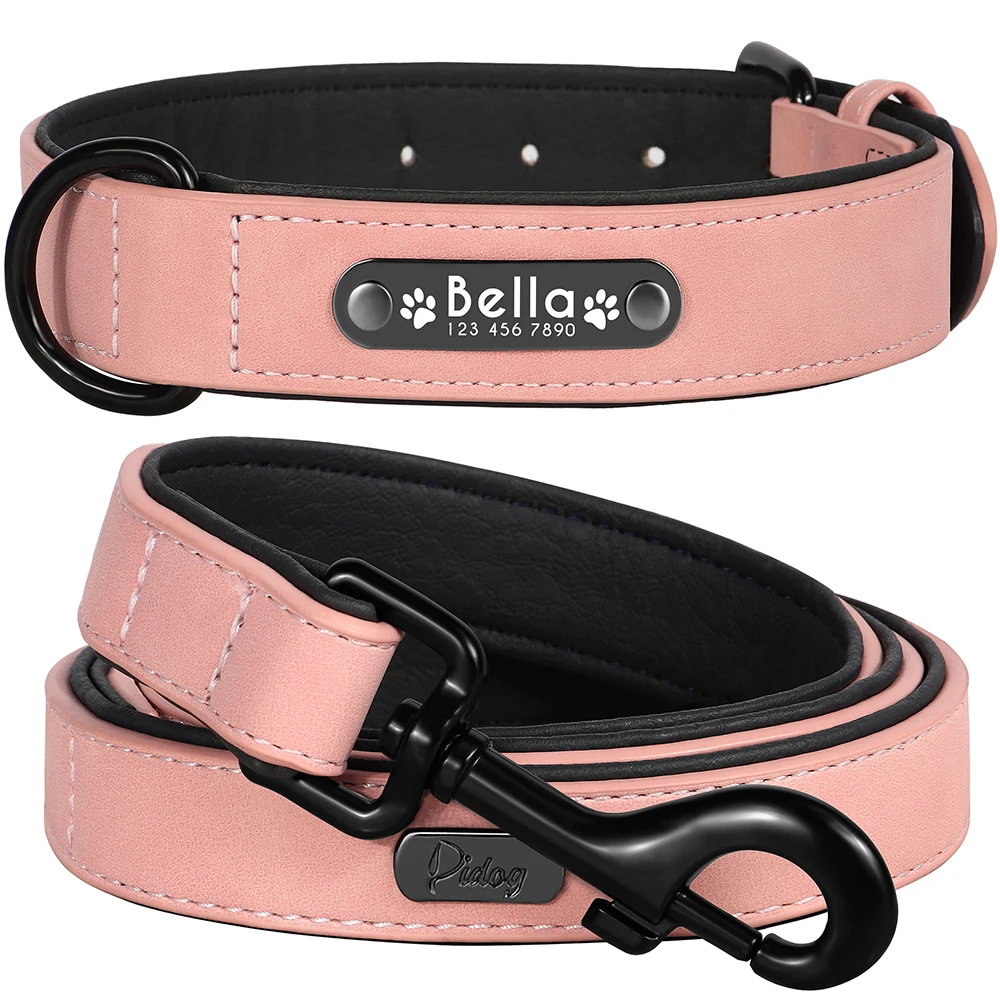 Personalisiertes PU-Leder-Hundehalsband-Leinen-Set, weich gepolsterte Hundehalsbänder, gravierte Haustier-ID-Halskette mit Leine für kleine große Hunde, Mops – Detail 9