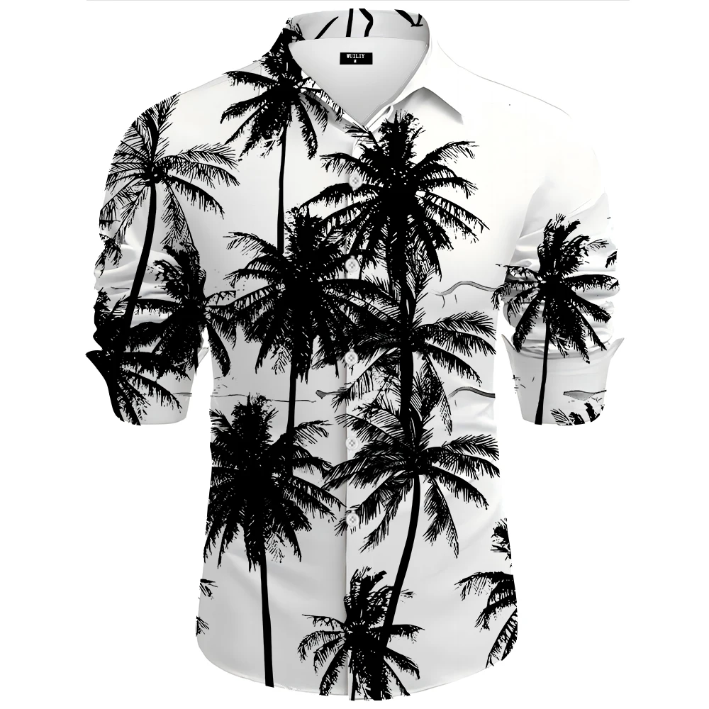 Mens Black And White Palm Leaf Graphic Long Sleeve Button Down Shirt Casual Tree Printed Pattern Women 3D Shirts With Pocket