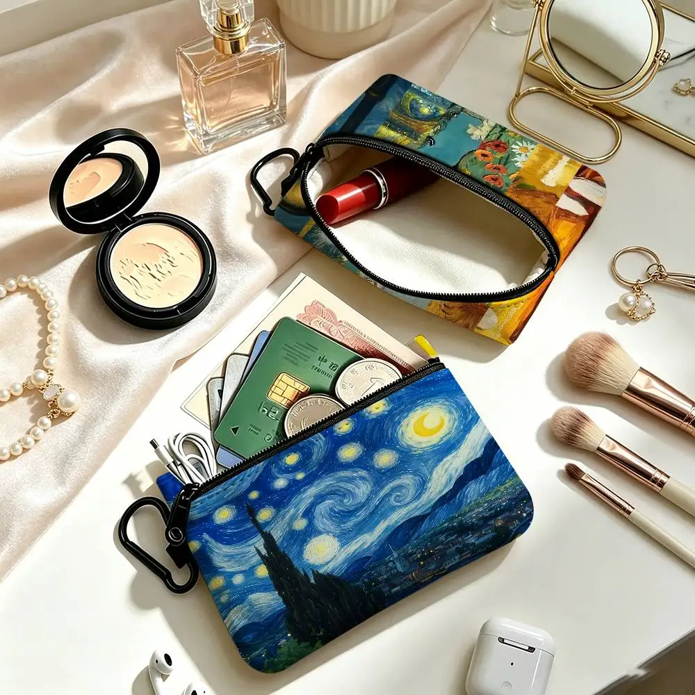 Van Gogh Starry Sky Oxford  Portable Oxford Fabric Mini Wallet Carabiner Design Small Coin Bag For Cards Keys Earphones