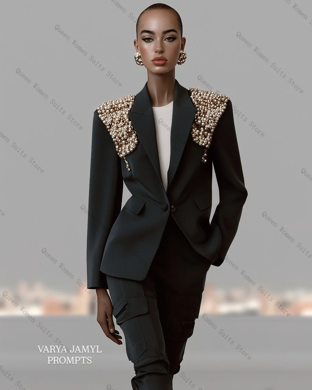 Conjunto de terno feminino de pérolas de luxo, 2 peças, blazer + calças retas, algodão, formal, escritório, jaqueta, casamento, baile, personalizado