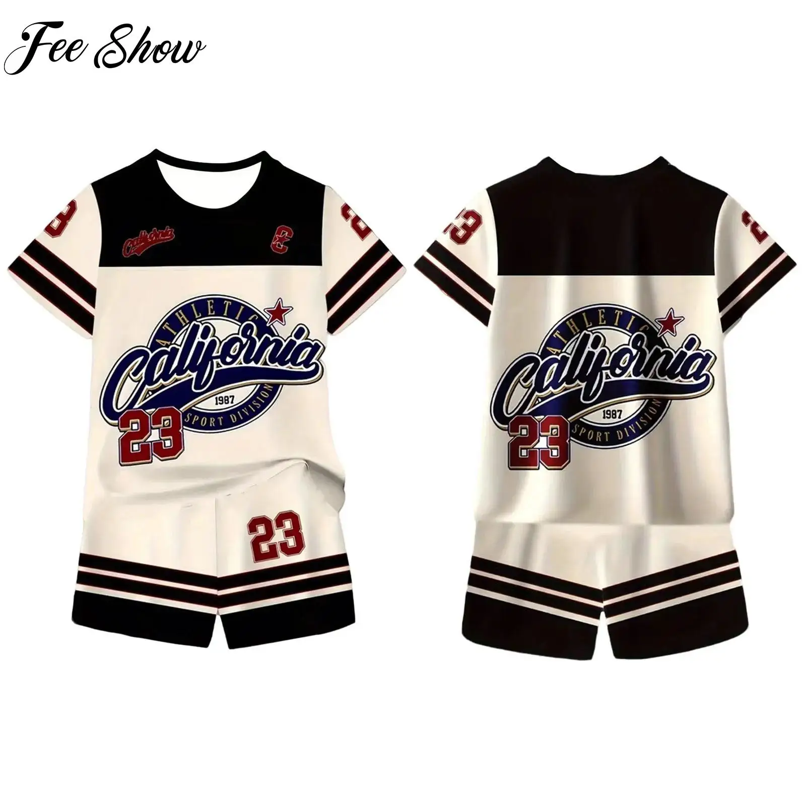 Kids Boys Color Block Striped Sports Outfit Round Neck Short-sleeve Letter Number Printed T-shirt with Elastic Waistband Shorts