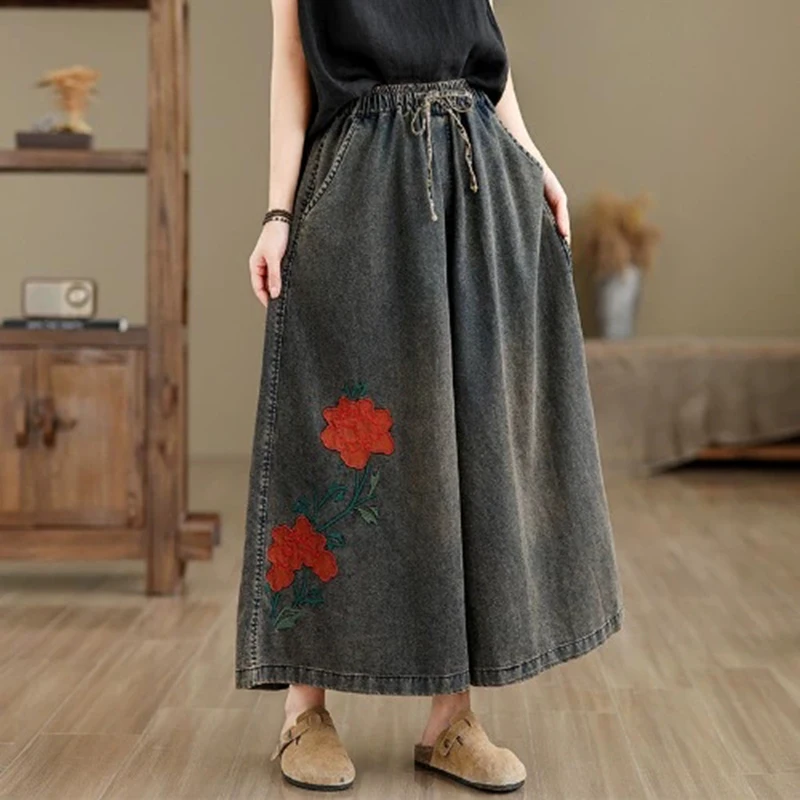 Wide Leg Long Pants for Women Flower Embroidery Trousers Denim Jeans Elastic Waist Casual Pants 2025