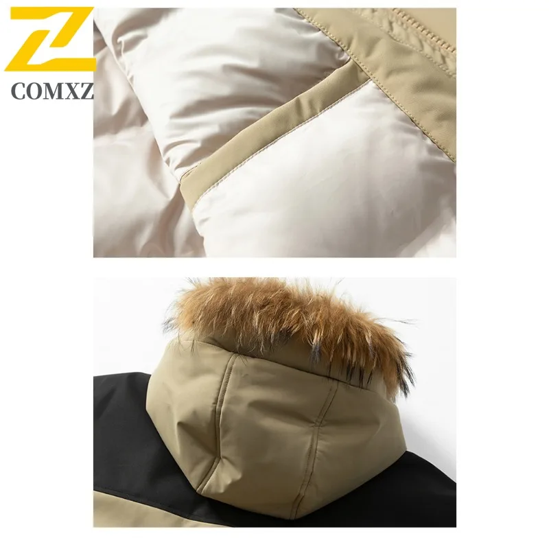 COMXZ Men Down Jacket Fashion Hooded Snow Skiing Warm Windbreaker Luxury Hiking Lightweight Thicken Windproof Filled Coat