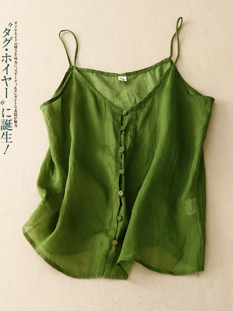 Retro Flax Button Detail Women's Camisole Vest Inner Wear Outerwear Summer Linen Top Loose Fit  Color Commute Style