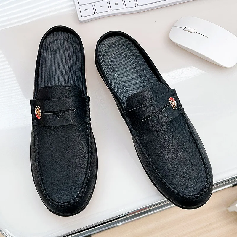 Men Slippers Fashion Leather Loafers Moccasins Outdoor Non-slip Casual Driving Shoes Men Mules Slides Comfortable Beach Sandals