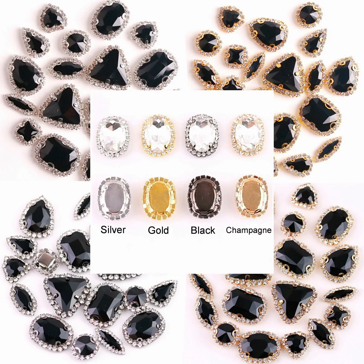 Sonnenblumenförmige Silber Schwarz Gold Champagner Krallen 10 Formen Mix Glaskristall Schwarz mit Strass-Kette zum Aufnähen DIY-Besatz – Detail 3