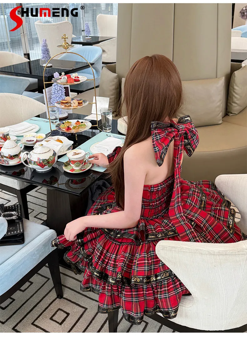 

Elegant Sweet Princess Birthday Party Dress 3D Bow Halter Neck Backless Plaid Fashion Puffy Lolita Short Dress for Women Summer