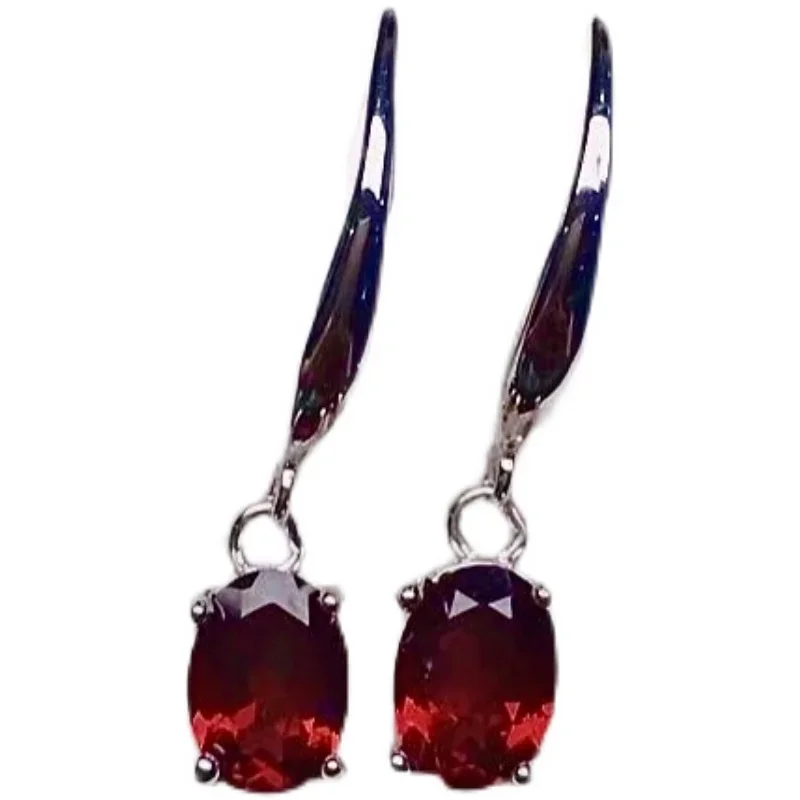 Fashion Silver Garnet Drop Earrings for Daily Wear 5mm*7mm Natural Garnet Silver Earrings Simple 925 Silver Garnet Eardrop