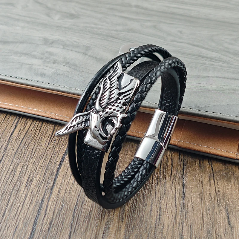 New Fashion Men Bracelet Hand Homme Eagle Bracelets Woven Hand Jewelry For Stainless Steel Magnet Clasp Leather Bangles Gift