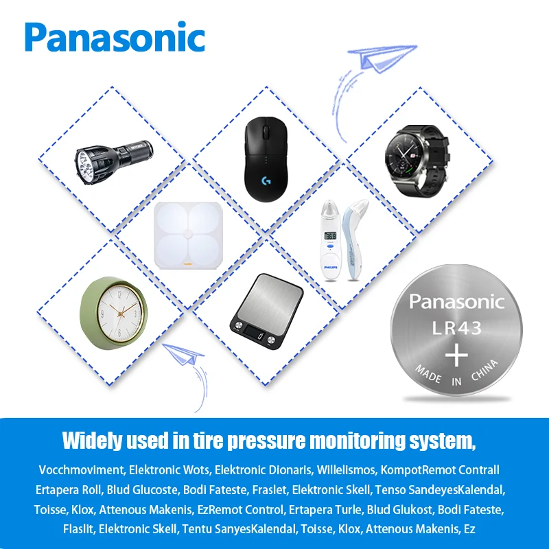 Panasonic-Batería de botón LR43 de 1,5 V para relojes electrónicos, juguetes, controles remotos, calculadora científica, termómetros Casio, 10 Uds.