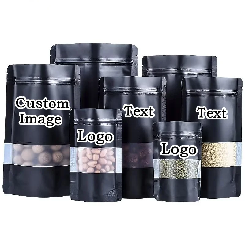 100 pz Stand Up nero opaco foglio di alluminio finestra sacchetto di imballaggio a chiusura lampo fai da te caffè tè cibo per animali Snack biscotto