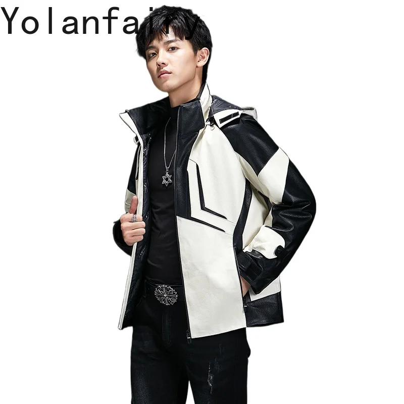 YOLANFAIRY Genuine Leather Down Jackets for Men First-layer Cowhide Jacket Man Leather Down Coat Fashion Short Puffer Coats Hood