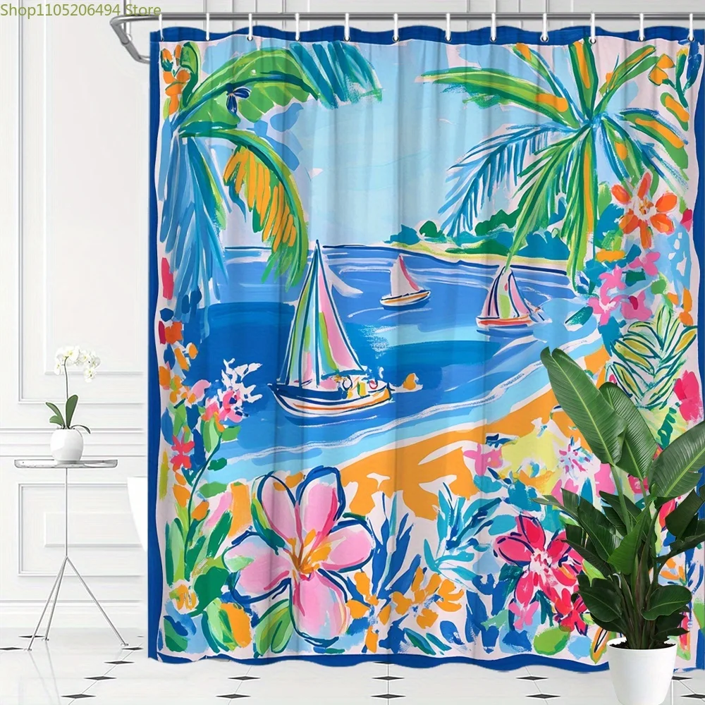 1pc Tropical Beach Shower Curtain with Vibrant Hibiscus Flowers, Palm Trees & Sailboats - Relaxing Ocean Scene Polyester Bathr