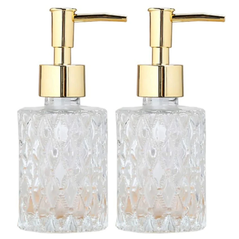 2X Multipurpose Mesa Soap Dispenser Easy To Clean Glass Soap Pump Dispenser Perfect For Kitchen And Bathroom (Gold)