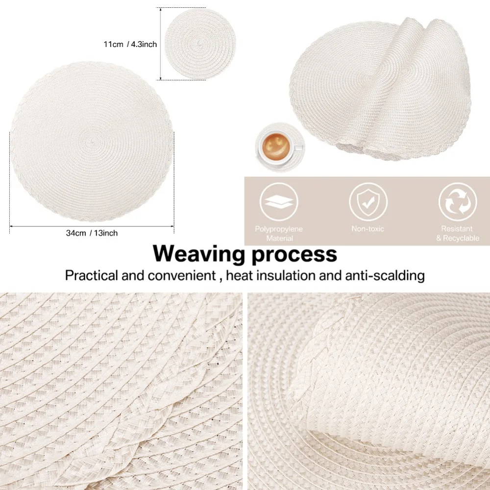 34CM Round Placemats Crossweave Heat Resistant Place Mats Woven Braided Edged Table Mats for Dining Table Christmas Wedding Home