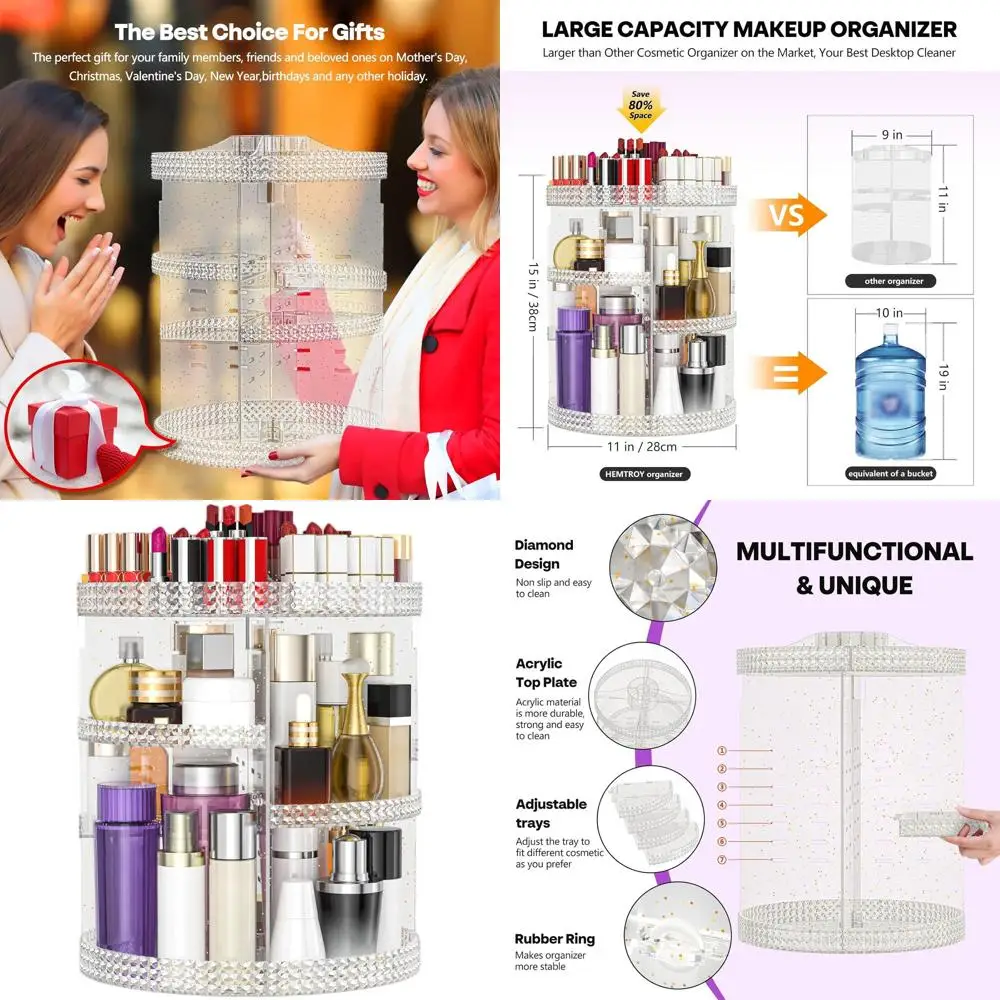 

Очень большой 360° ° Поворотный органайзер для макияжа с 7-слойным держателем для губной помады, блестящий косметичка