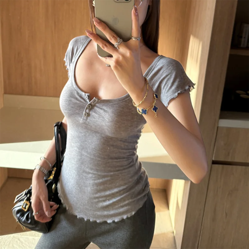 Women Kawaii Casual Short Sleeve Top 2000s T-shirt Thin Vintage Button U Neck Slim Tee Shirt Summer Y2k Clothing Harajuku