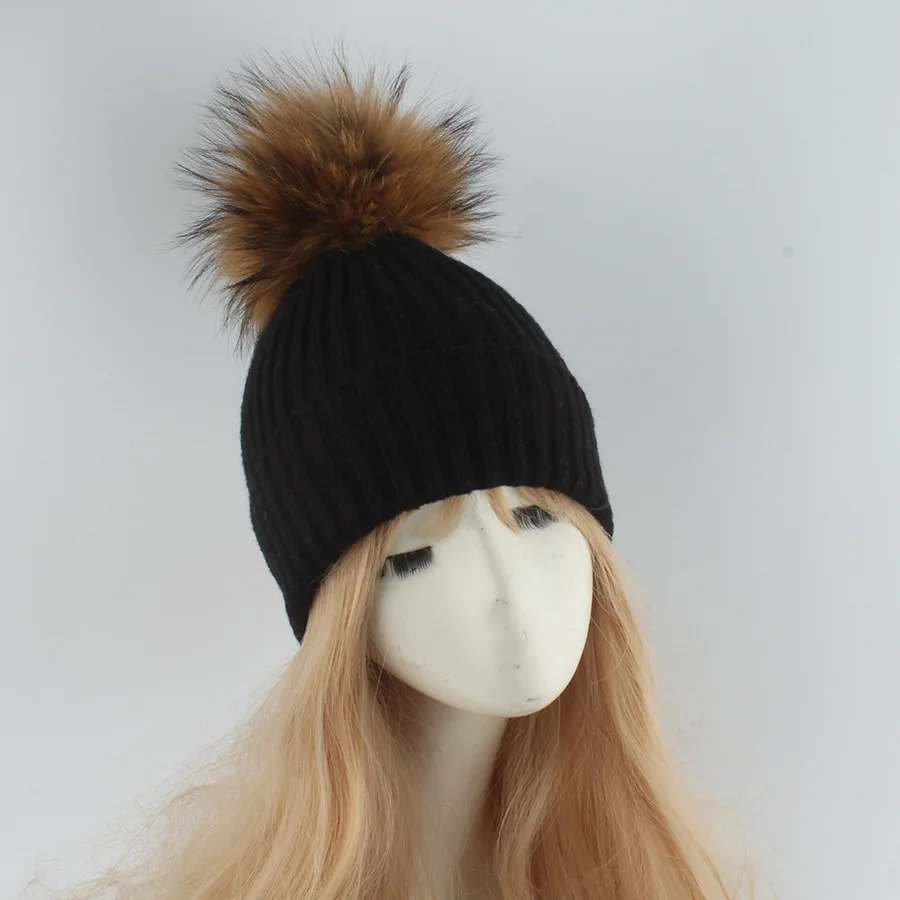 Women Ribbed Knit Beanie Hat with Large Fluffy Faux Fur Pom‑pom Folded Cuff Warm Solid‑Color Winter Cap Soft Elastic Headwear