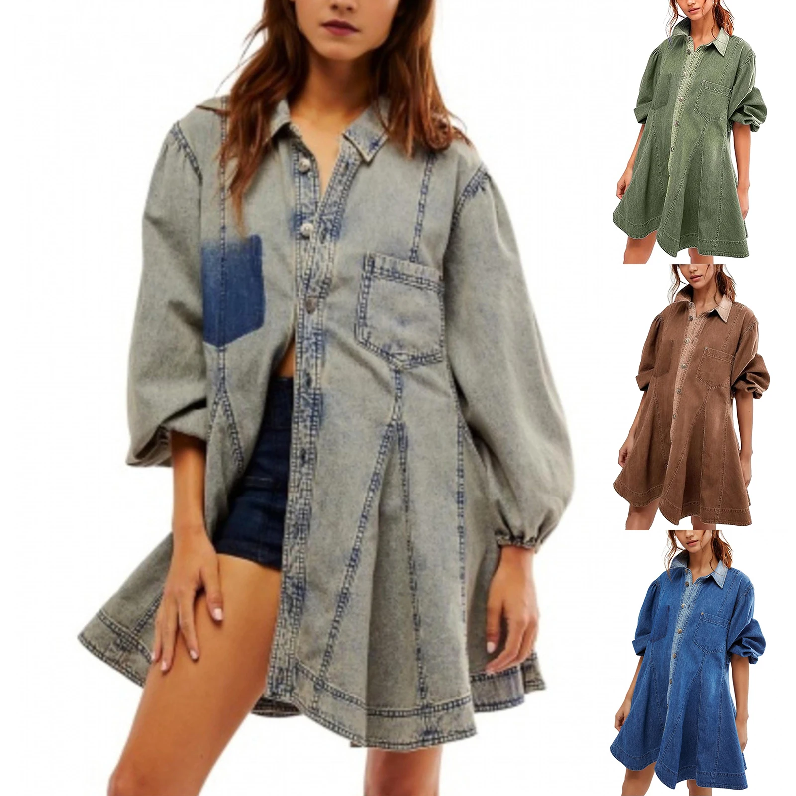 Women's Fashion Retro Denim Dress Lantern-sleeved Button-down Shirt Denim Dress Solid Color Shirt Dress Denim Short Dresses