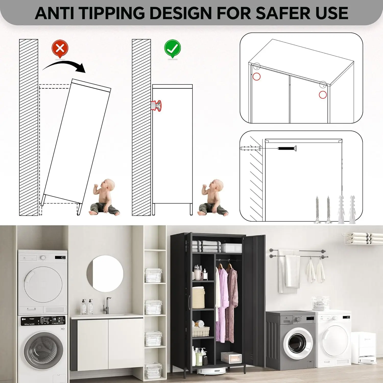 خزانة ملابس معدنية، خزانة تخزين فولاذية مقاومة للصدأ مع 4 أرفف وقضيب تعليق، أسود