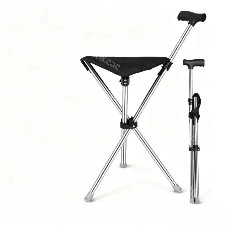 Foldable Portable Walking Stick Seat Retractable Triangle Cane Stool Anti Slip Trekking Pole with Seat for Elderly