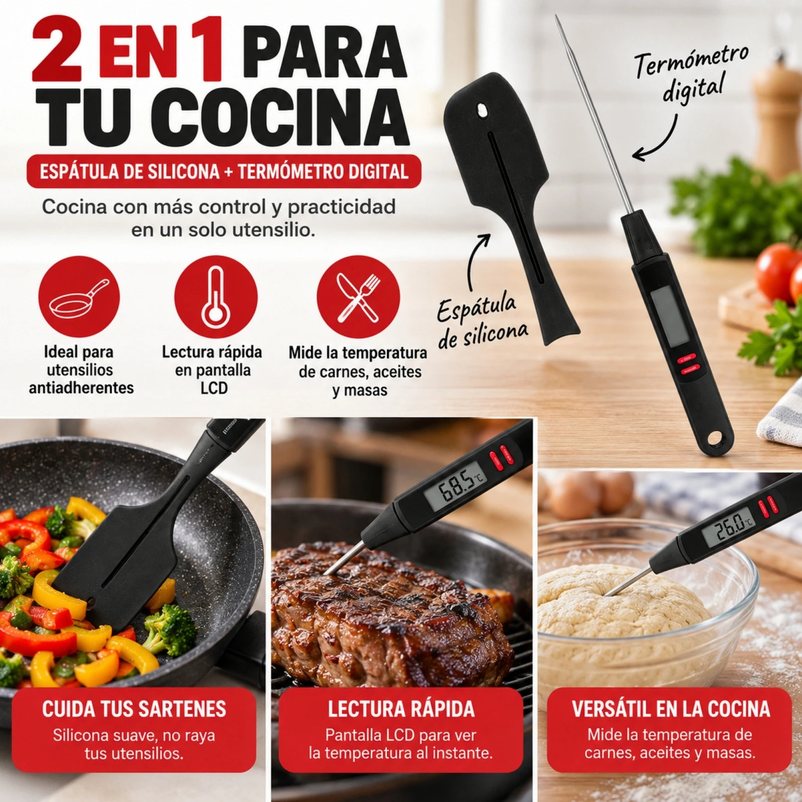 Espátula de Silicona 2 en 1 con Termómetro Digital Integrado para Cocina y Repostería, Pantalla LCD de Lectura Rápida para Carnes, Aceites y Masas, Color Negro, 9 x 32.5 x 2.5 cm