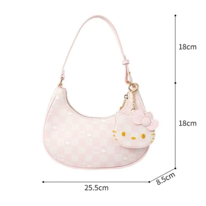 Miniso-Hellokitty Bolsa de Ombro Xadrez para Mulheres, Bolsa Rosa, Meia Lua, Bolsa de axilas, Kawaii, Kitty Pendant, Harajuku, Y2k