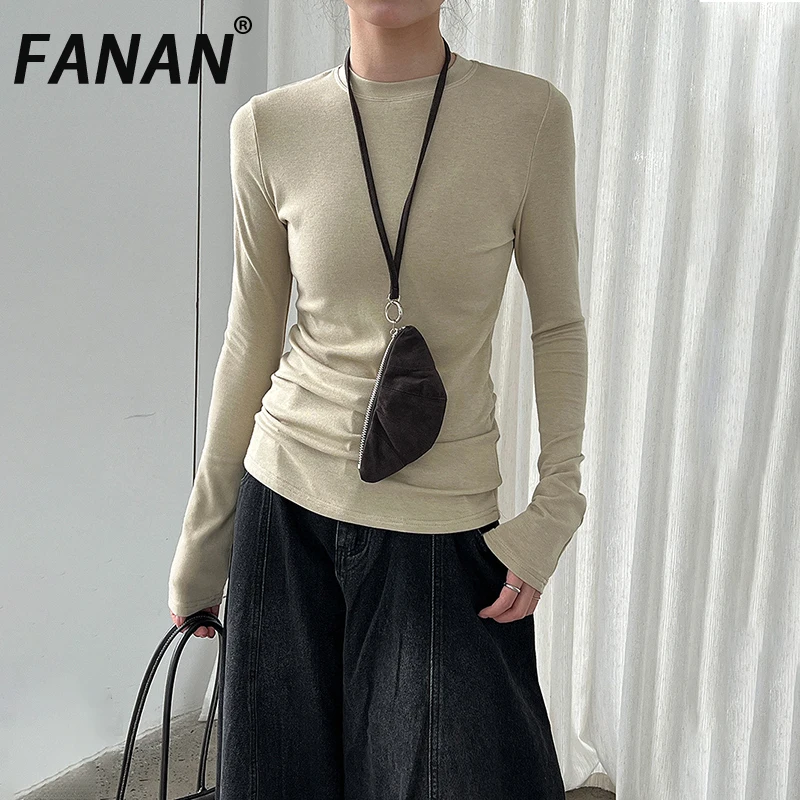 

FANAN Wool Knitting Bottoming T-shirt Women's Stand Neck Long Sleeve Slim Office Lady Solid Minimalism Tops 2025 Autumn New