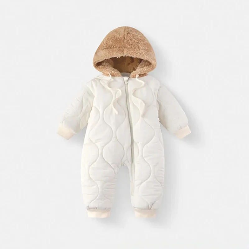 Winter Newborn 0-2Y Romper Plush Hood Zipper Baby Onesie Thick Quilted Outdoor Cartoon Bear Jumpsuit