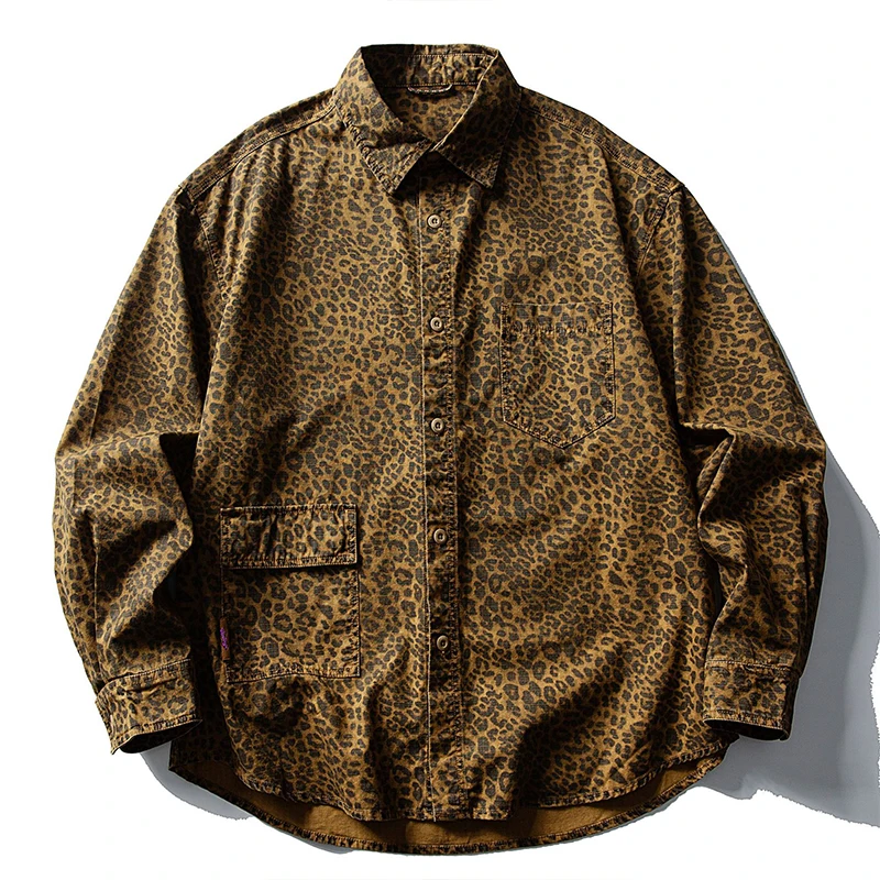 100% Heavy Cotton Men Leopard Shirt Long Sleeve Turn Down Collar Casual Shirts ‌Camisa Para Hombre