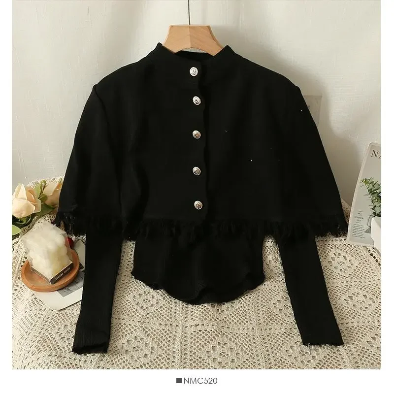 Women's French Fringe Knit Cape Shawl Stand Collar Button Decor Cropped Outerwear Top