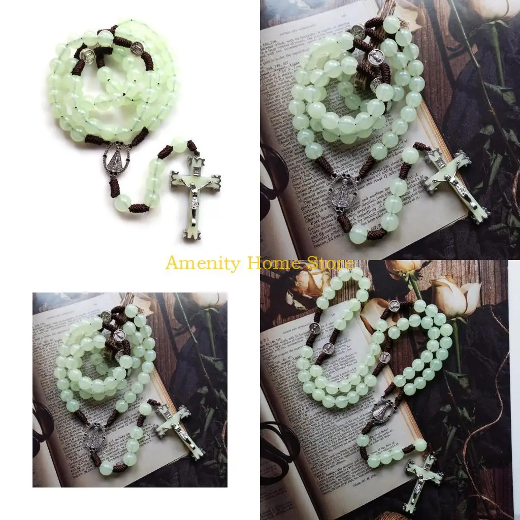 F26C 10mm Rosary Beads Luminous Necklace Jesus Crucifix for Cross Pendant Necklaces Glow in Dark Religious Jewelry for Men Wo