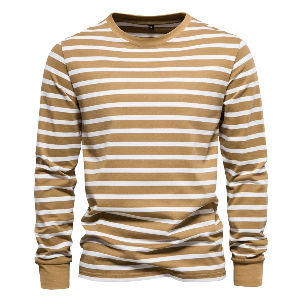 Men's striped printed T-shirt, comfortable cotton pullover, long sleeved, O-neck, casual loose top, simple autumn fashion