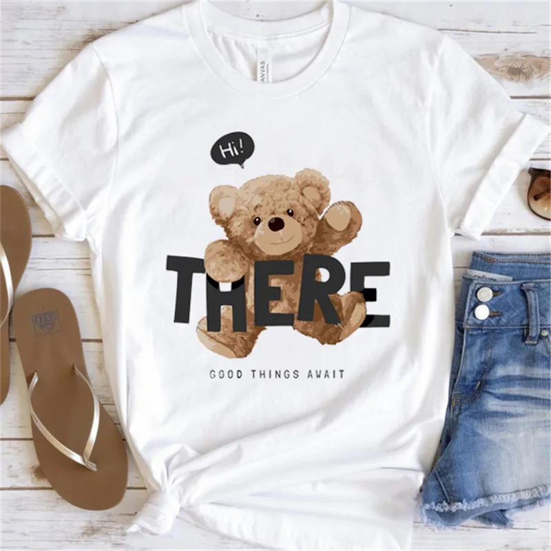 Fashion Graphic T-shirt Women Cute Bear Short-sleeved Clothes Women Print T-shirt Summer 90\'s Fashion Style Women T-shirt