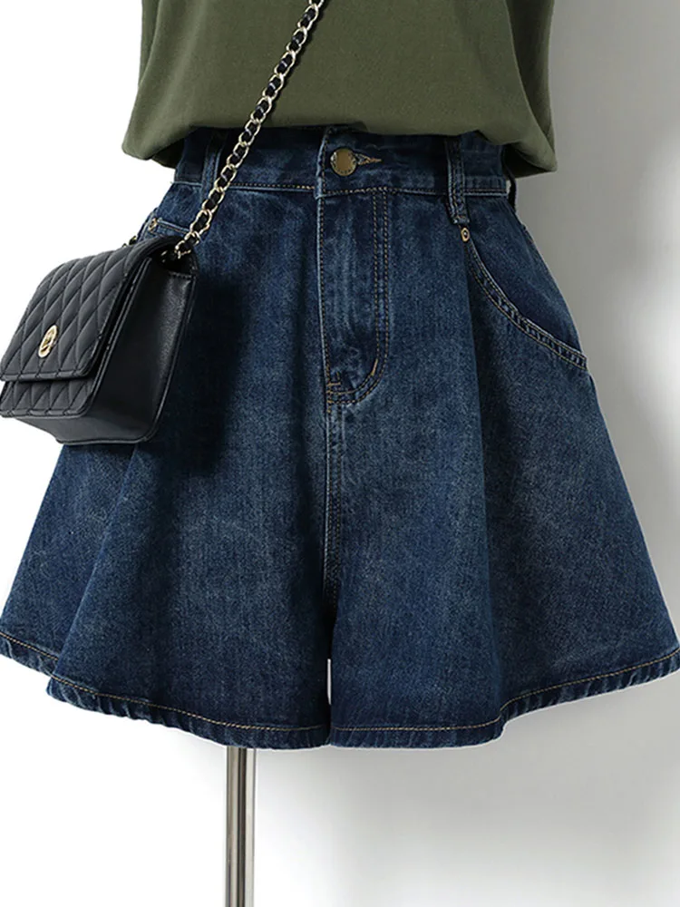 S-4XL Denim Shorts For Women 2023 Summer Dark Blue Wide Leg High Waist Loose Jeans Shorts Femal Solid All-Match Half Pants