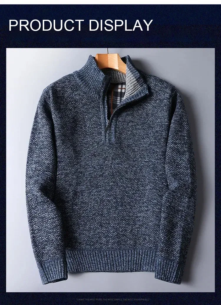 Herbst Winter männer Gepolsterte Pullover Mock Neck Halb Zipper Warme Verdickt Einfarbig Casual Pullover Männlichen Mode Strickwaren – Detail 9