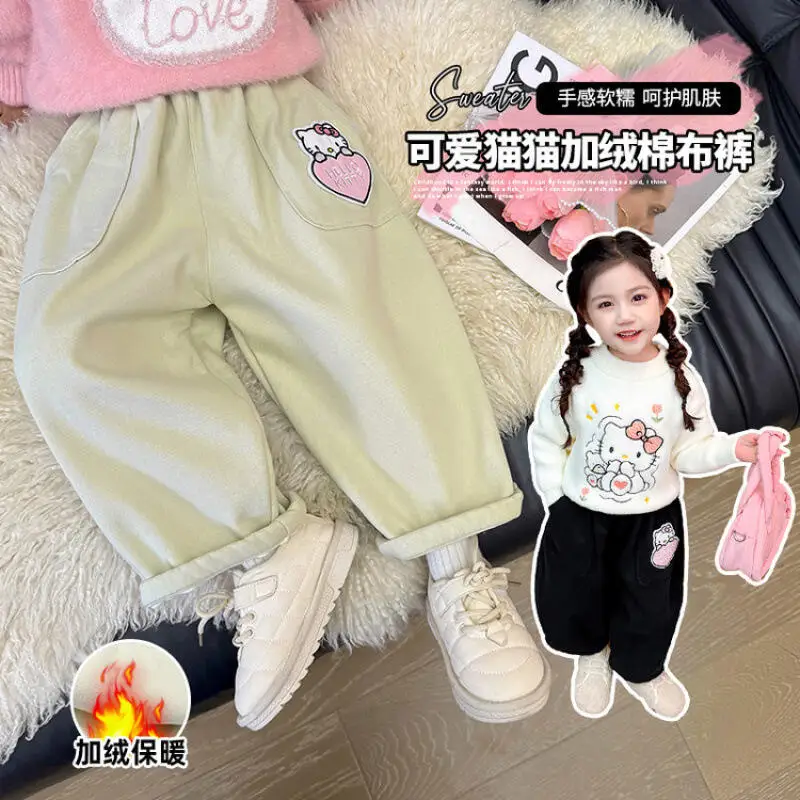

Толстые теплые джинсы для девочек Sanrio Hello Kitty, осенне-зимние новые детские модные повседневные спортивные штаны с героями мультфильмов аниме, свободные мягкие спортивные штаны