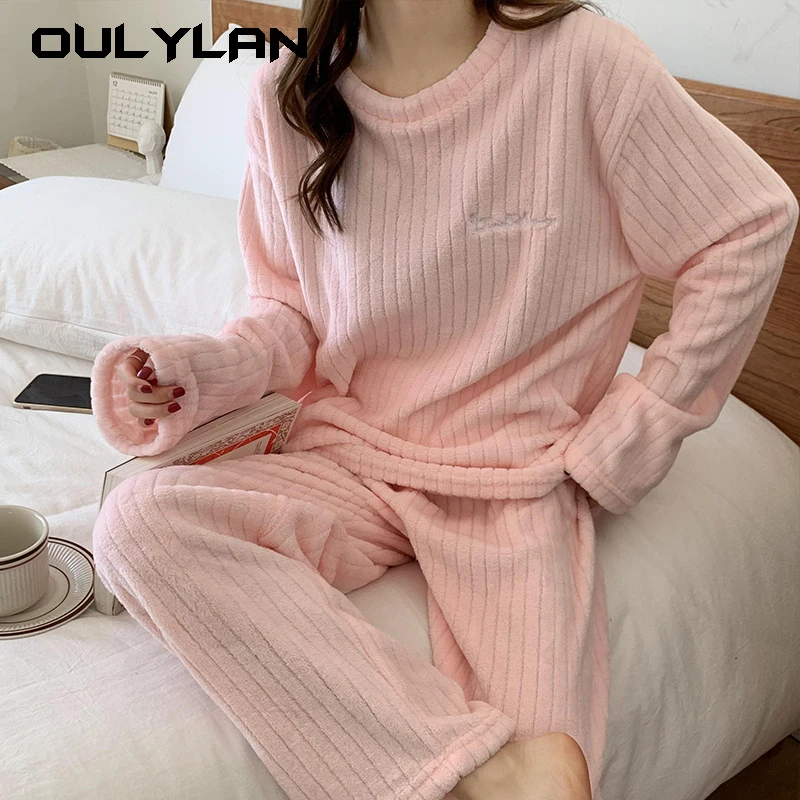 Women Pajama Sets 2024 Spring Autumn New Warm Thicken Sleepwear 2 Piece Set Cozy Coral Fleece Home Casual Wear Loungewear Suit