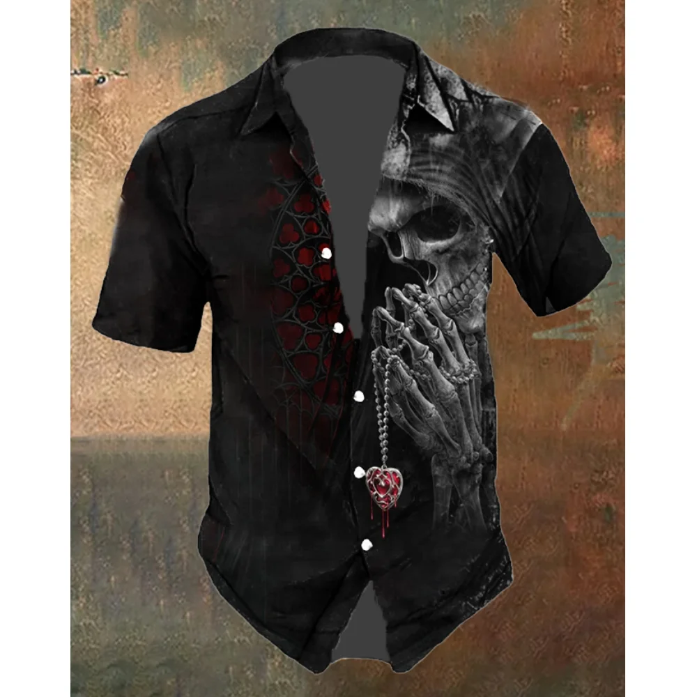 Camisa con estampado 3d de calavera Retro para hombre, camisa hawaiana de manga corta, suelta, transpirable, informal, moda de verano