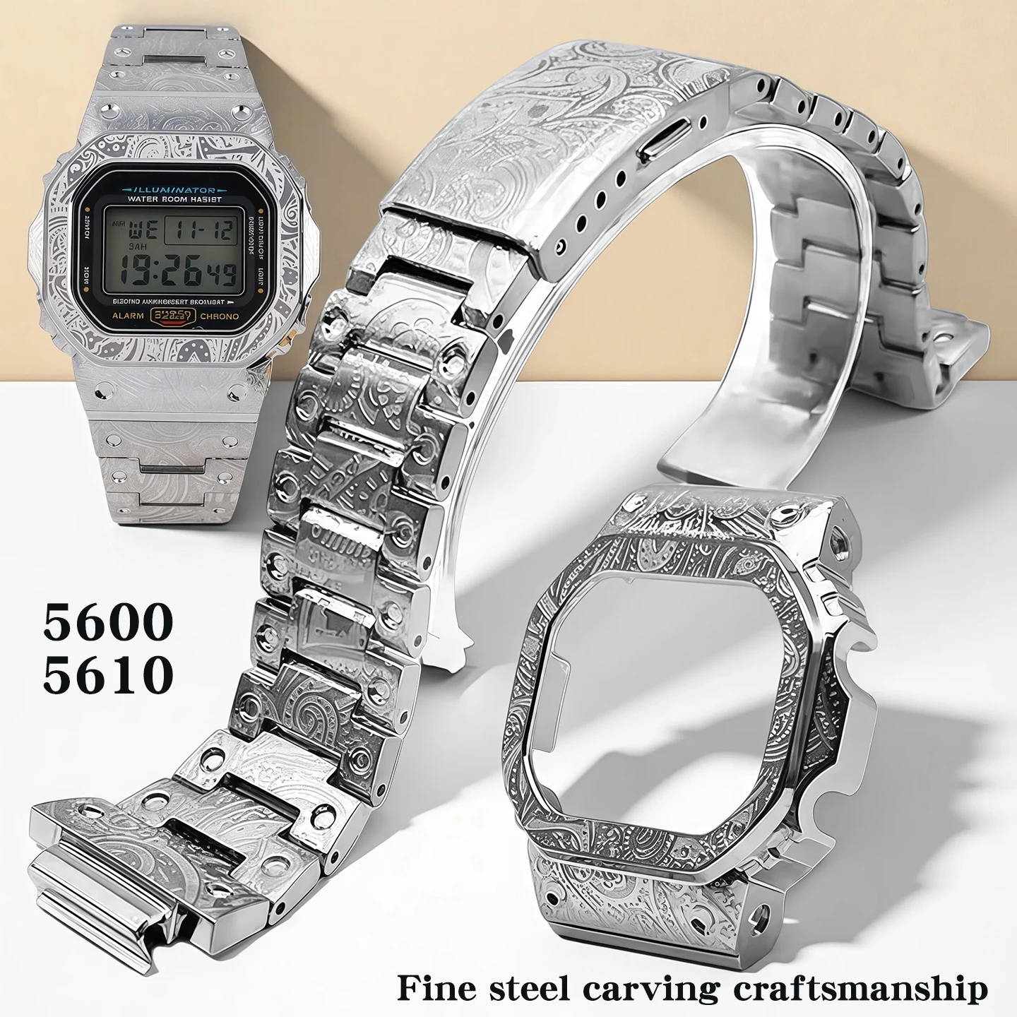 DW5600 5610 metal case strap For Casio G-SHOCK DW-5600 GW-M5610 Carved set mod kit Stainless Steel small block bezel watchband