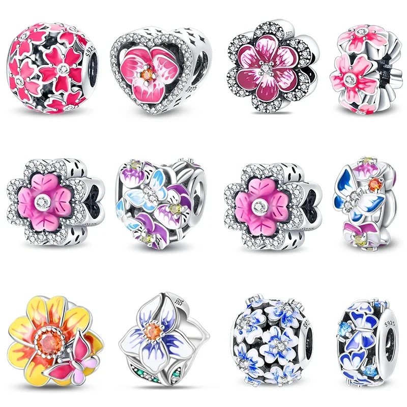 925 Sterling Silver Colorful Floral Charms Beads Fit Original Bracelets Bag Keychain Earring Pendant Diy Women Jewelry Gift