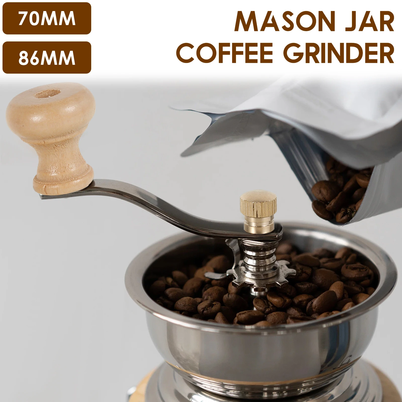 Molinillo de café Manual de acero inoxidable, tarro Mason, molinillo de café con manivela, accesorio de tapa para molinillo de café, mano desmontable